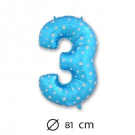 Globo Número 3 Foil Azul con Estrella 81 cm