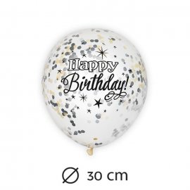 6 Globos con Confeti Happy Birthday Elegante